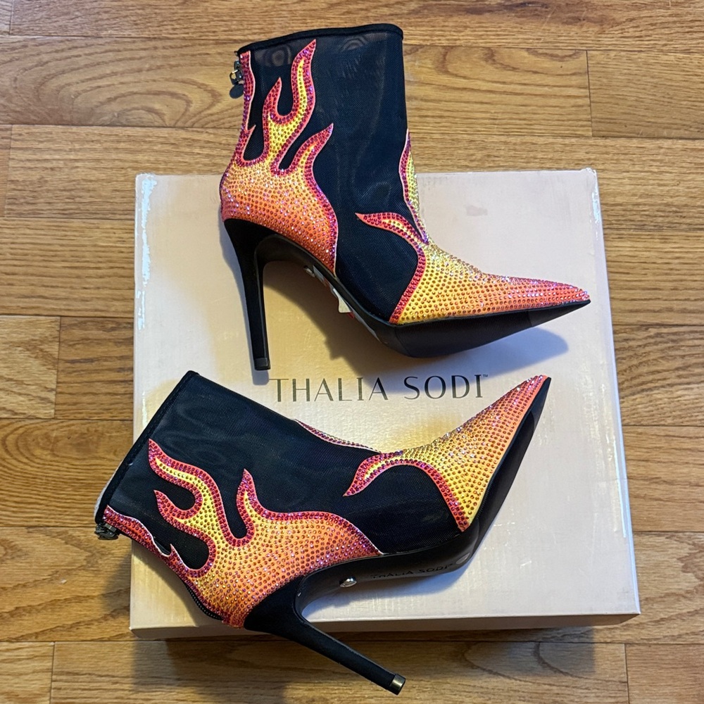 Thalia Sodi Black and Orange Flame Heeled Boots
